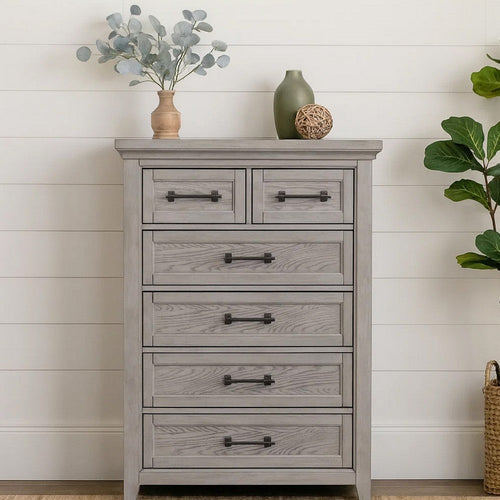 Bix Tall Dresser Chest | 6 Dovetail Drawers | Bronze Handles | Light Gray