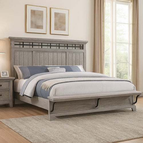 Bix King Size Bed w Upholstered Footboard | Light Gray Wood Grain