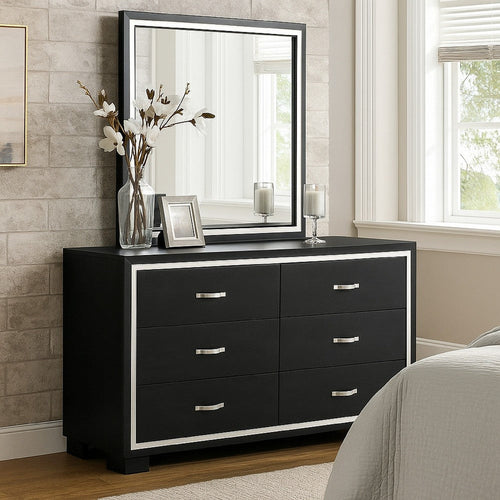 Geny 2pc Dresser and Mirror Set | 6 Drawers | Silver Trim | Black Wood