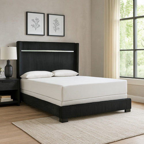 Geny Queen Size Bed w Channel Tufted Headboard | Silver Trim | Black