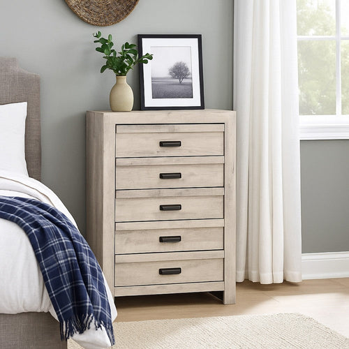 Velz Tall Dresser Chest | 5 Drawers | Finger Pull Handles | Weathered Beige