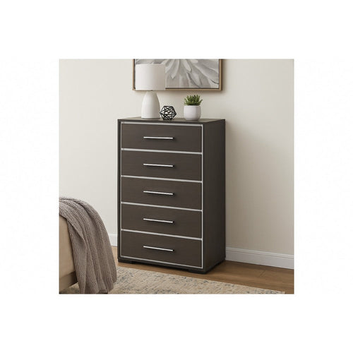 Hez Tall Dresser Chest | 5 Drawers | Silver Trim | Modern Dark Brown Finish