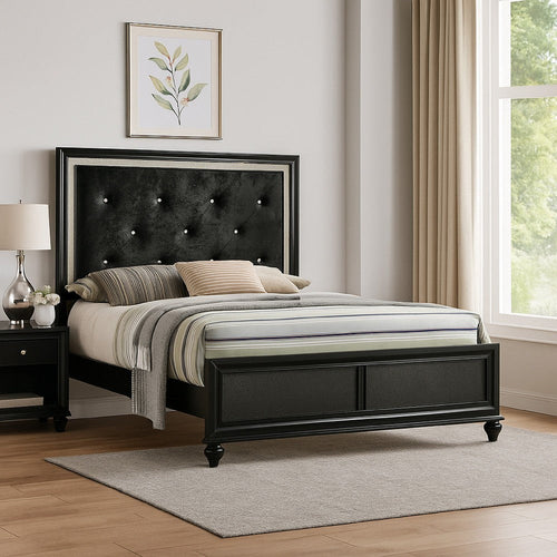 Lexi Full Size Bed w Crystal Tufted Upholstery | Silver Glitter Trim | Black
