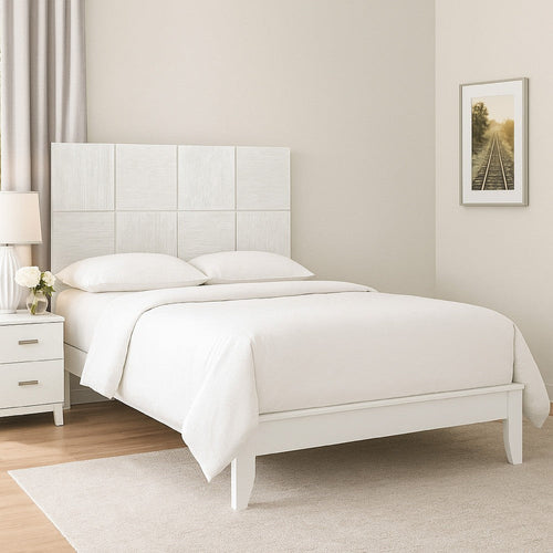 Deny Queen Size Bed w Grid Pattern Headboard | Tapered Front Legs | White
