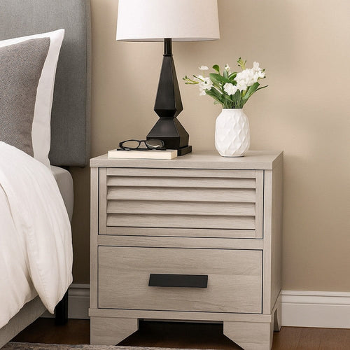 Sary Nightstand | 2 Drawers | Black Finger Handles | Off White Wood