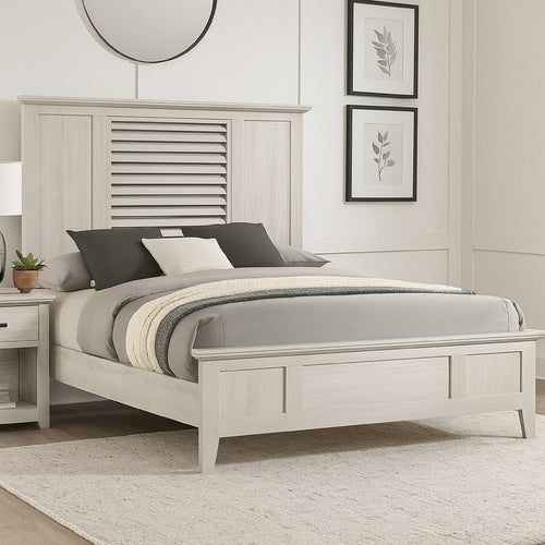 Sary Queen Size Bed w Tall Louvered Headboard | Tapered Front Legs | Off White