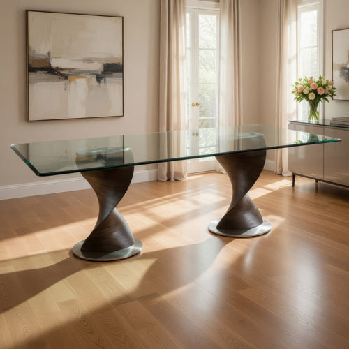 Cid Cleve Dining Table | Gray Wood | 95" Clear Tempered Glass Top