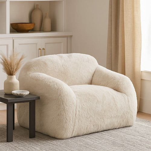 Accent Lounging Chair | Natural White Faux Fur | 44" Solid Wood Frame