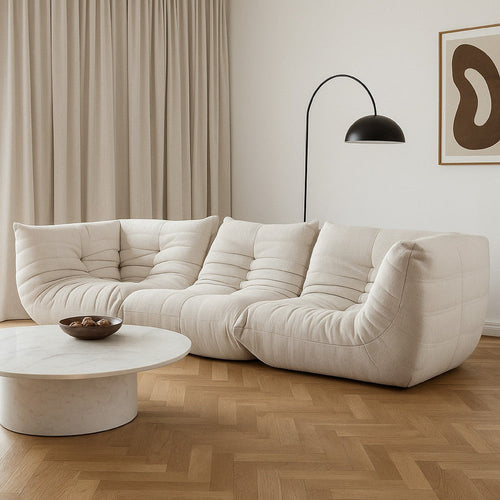 Ezee 3pc Modular Sofa Set | Low Profile Floor Seating Cream Pleated Polyester