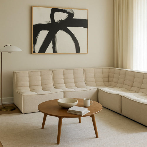 Ema 5 Piece Sectional Sofa | Sand Beige Fabric | Scooped Seat | Grid Tufting