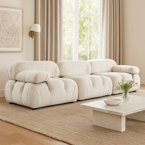 Hito 3 Piece Modular Sofa Set, 111", Light Cream Bubble Grid Tufting