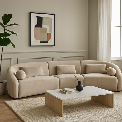 Lex Retro Curved Sectional Sofa | 152 Inch w 5 Pillows | Fawn Faux Alpaca