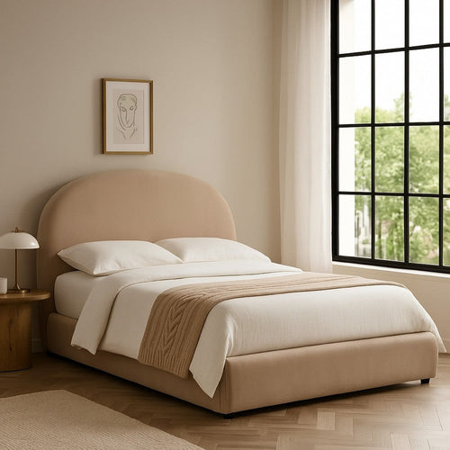 Feny Queen Size Bed w Arch Headboard | Camel Brown Velvet Upholstery