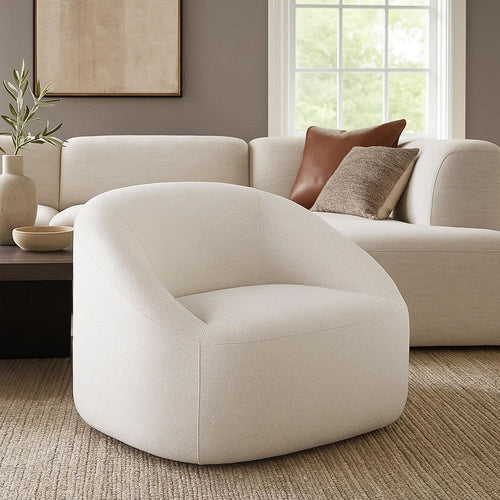 Opal Swivel Accent Chair, Light Oat Gray Polyester, Contoured Barrel Back
