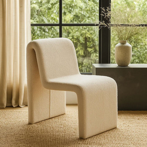 Nena Armless Dining Chair, Curved Light Camel Brown Shearling Fabric