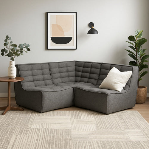 Ema 3pc Modular Sectional Corner Sofa | Grid Tufted Gray Polyester