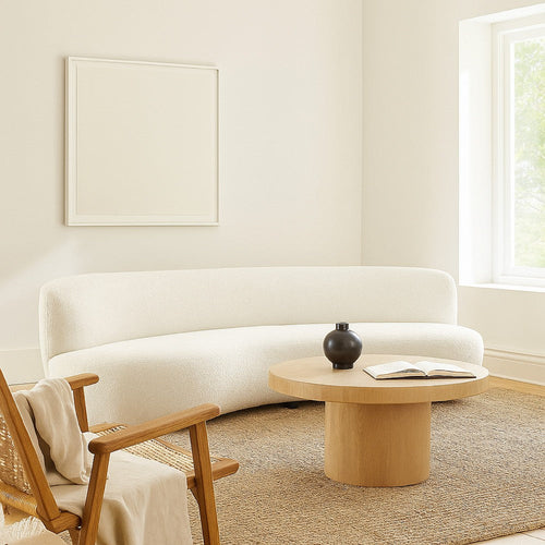 Simy Curved Sofa | 104" | White Faux Sheepskin Fabric | Black Metal Legs