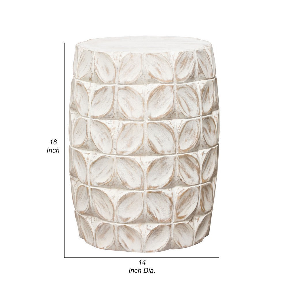 Fery Side End Table | 14’’ | Distressed White Mango Wood w Leaf Motifs BM338783