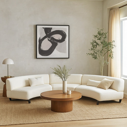 Ikka 3pc Curved Modular Sofa | White Faux Shearling | Black Wood Base