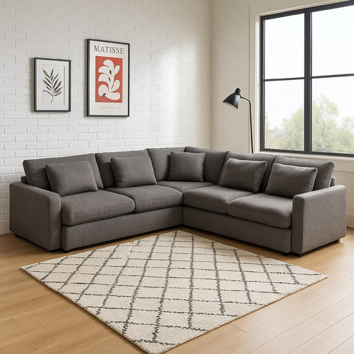 Arcy 3pc L Shaped Sectional Sofa w Square Corner Chair | 5 Pillows | Gray