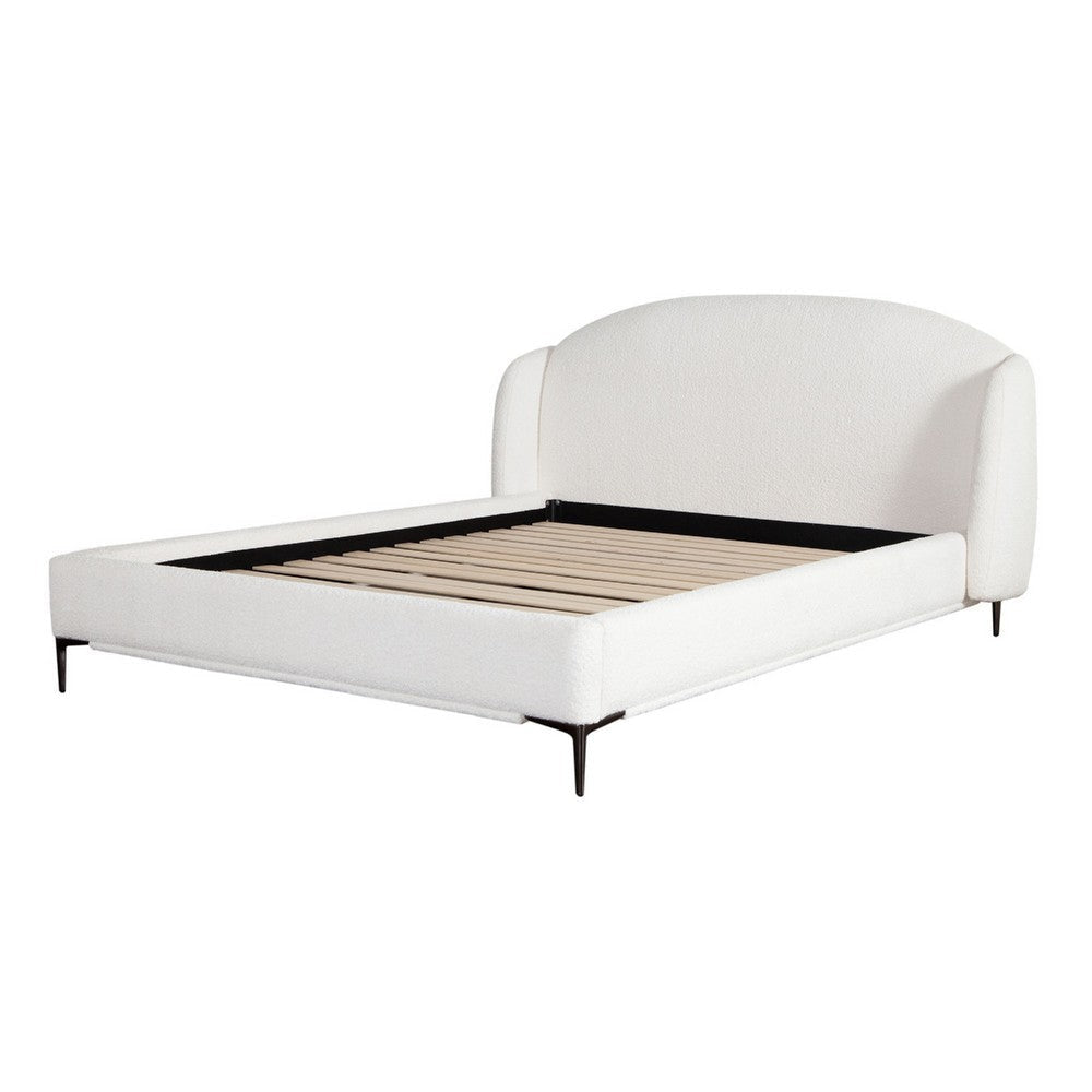 Peli Queen Size Bed | Low Profile Curved Back Ivory Faux Shearling Upholstery BM338820