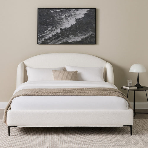 Peli Queen Size Bed | Low Profile Curved Back Ivory Faux Shearling Upholstery