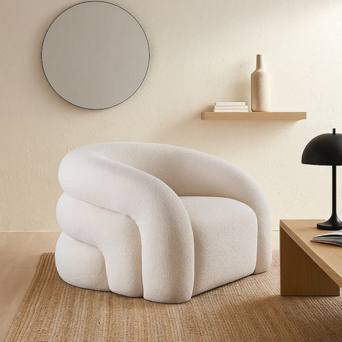 Veny Swivel Accent Chair | Ivory Sherpa Fabric | Curved Barrel Back