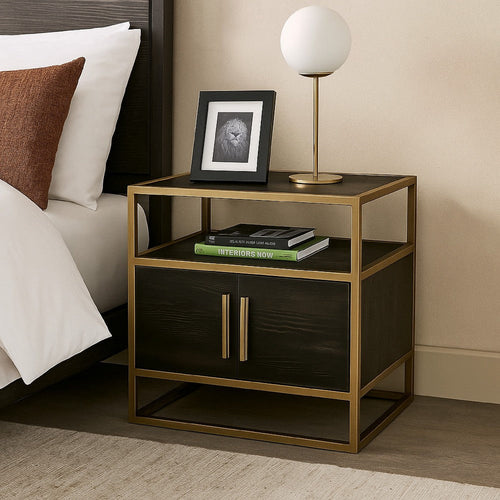 Chek 26" Side Table Nightstand, 2 Doors, 1 Shelf, Dark Brown, Gold Steel