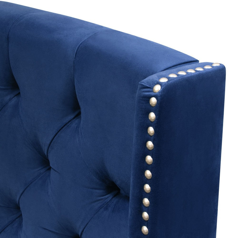 Mona Queen Size Bed Navy Blue Velvet Upholstery Nailhead Wingback BM338876