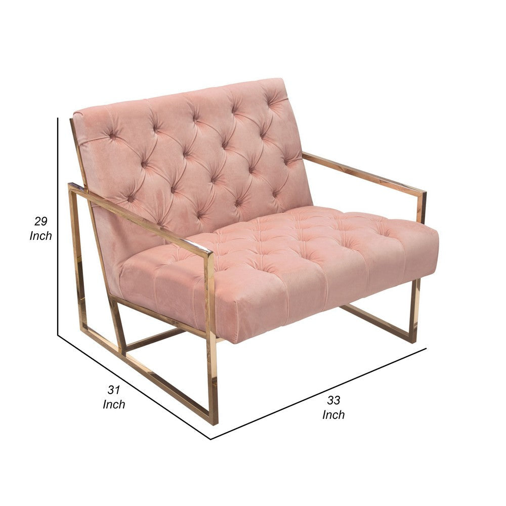 Masy Accent Chair Diamond Tufted Blush Pink Velvet Gold Steel Frame BM338882