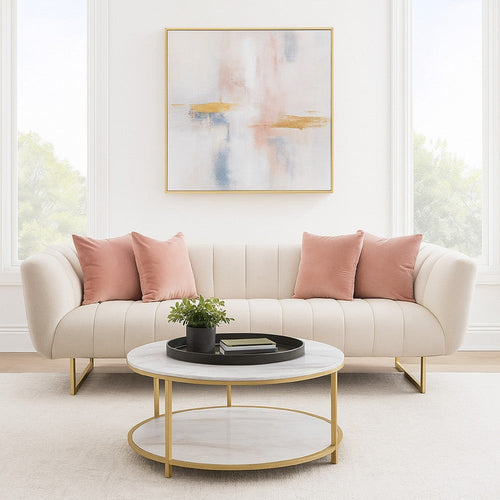 Eva Sofa with 4 Pink Accent Pillows, Cream and Gold Metal Base 98"
