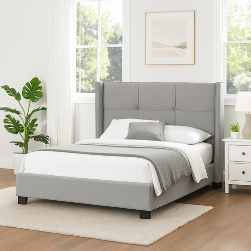 Bea Queen Size Bed with Storage Footboard, Gray Faux Linen Upholstery
