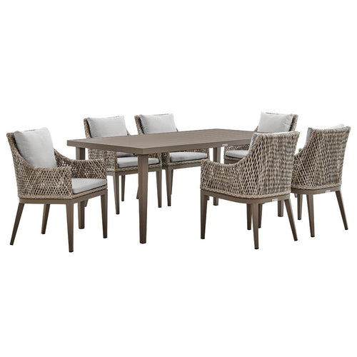 Sork 7pc Outdoor Dining Set | Gray Aluminum Table | 6 Brown Woven Rattan Chairs