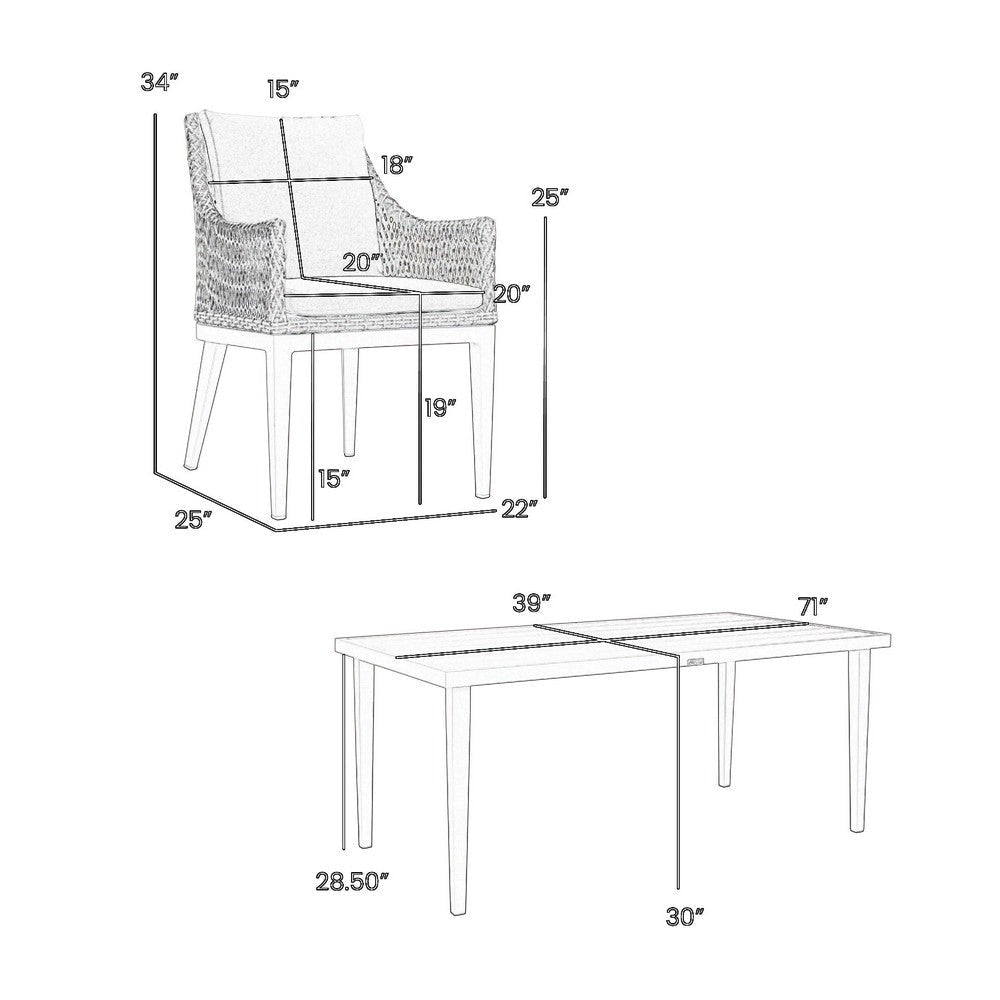 Sork 7pc Outdoor Dining Set | Gray Aluminum Table | 6 Brown Woven Rattan Chairs BM338913