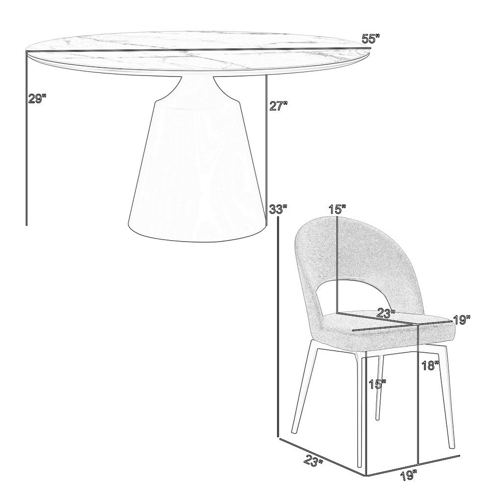 Dewi 5pc Dining Table Set | Round White Tabletop | 4 Gray Polyester Chairs BM338937