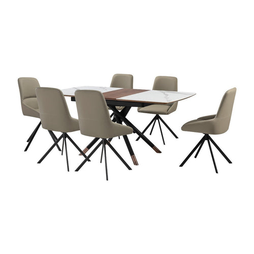 Miom 7pc Dining Table Set | Extendable Top | 6 Taupe Gray Faux Leather Chairs