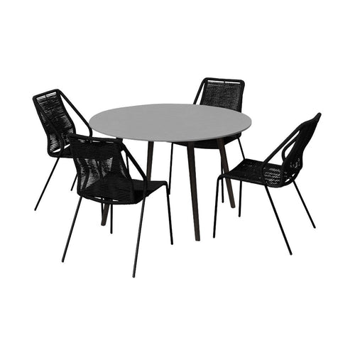 Kolu 5pc Patio Dining Table Set | 4 Black Rope Chairs | 47" Round Sintered Stone Top