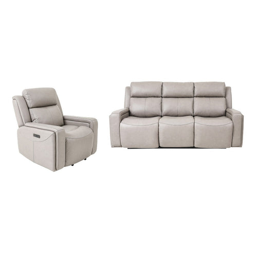 Clyd 2pc Recliner and Sofa Set w Power Headrest | Light Gray Leather