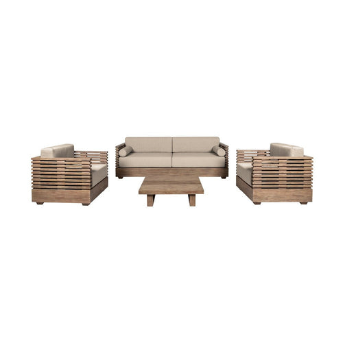 Hida Patio 4pc Coffee Table Sofa & Chairs Set | Light Brown Wood | Taupe Olefin