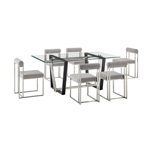 Danie Tasie 7pc Glass Dining Table Set | 6 Light Gray Polyester Chairs