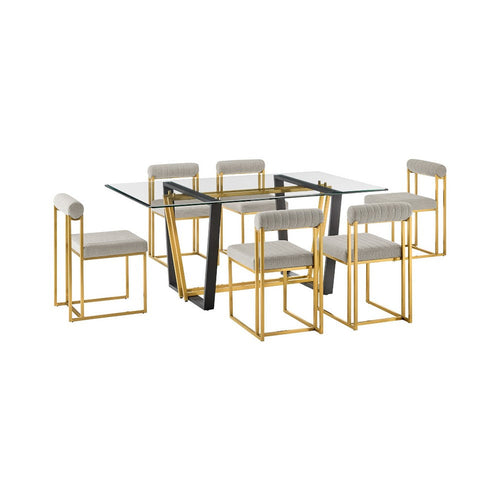 Danie Tasie 7pc Glass Dining Table Set | Gold Brushed Steel | 6 Taupe Chairs
