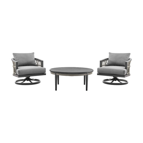 Hosa Outdoor 3 Piece Swivel Chair Set w Coffee Table | Light Gray Rope & Cushions