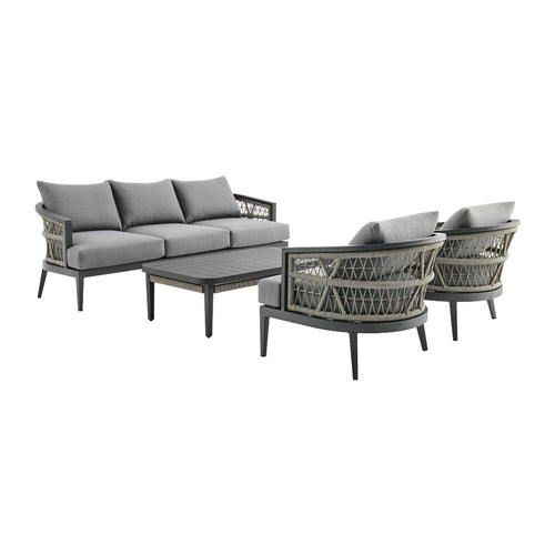 Hosa 4pc Outdoor Social Set w Coffee Table Chairs & Sofa | Light Gray Rope