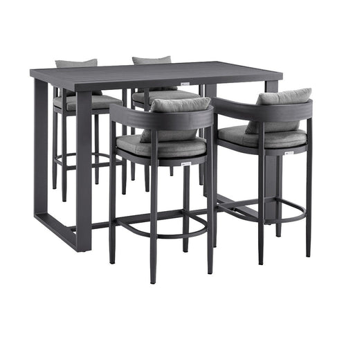 Enya 5pc Outdoor Bar Height Table & 4 Chair Set | Gray Cushions | Black Aluminum