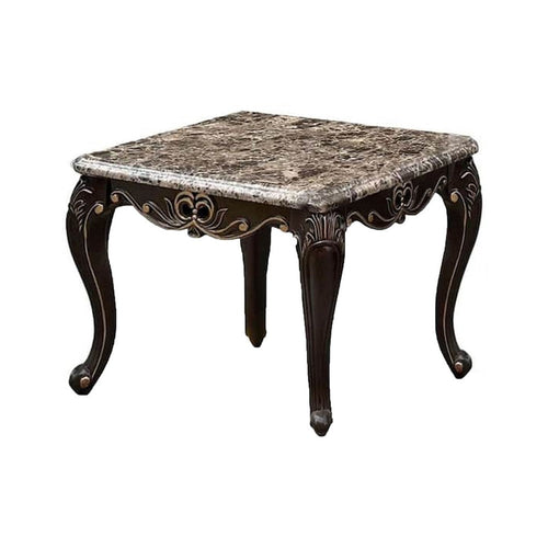 Ery End Table | Dark Walnut Brown Wood | Carved Details | 28"