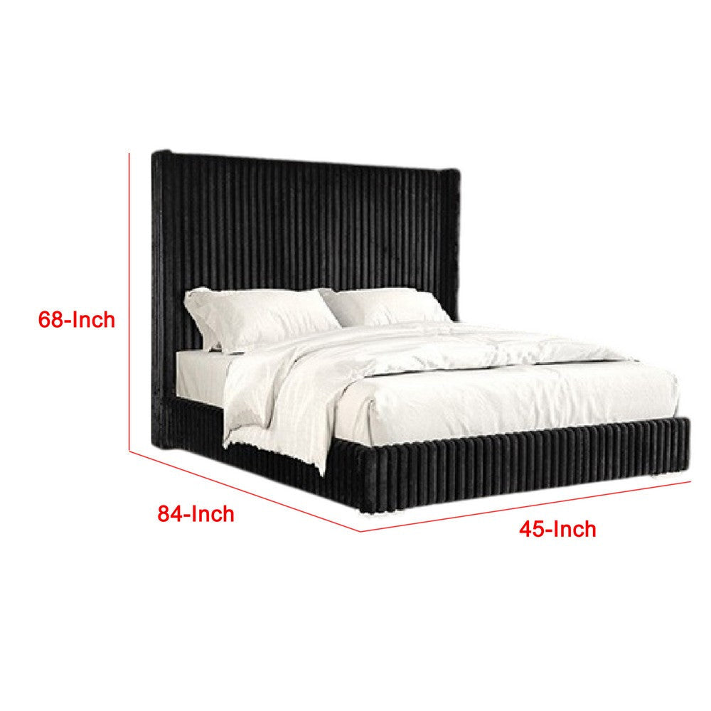 Wolo Twin Bed | Black Fur Chenille Ribbed Upholstery | Wing Headboard