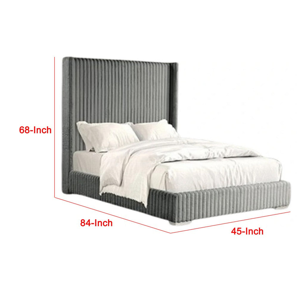 Wolo Twin Bed | Gray Fur Chenille Ribbed Upholstery | Wing Headboard