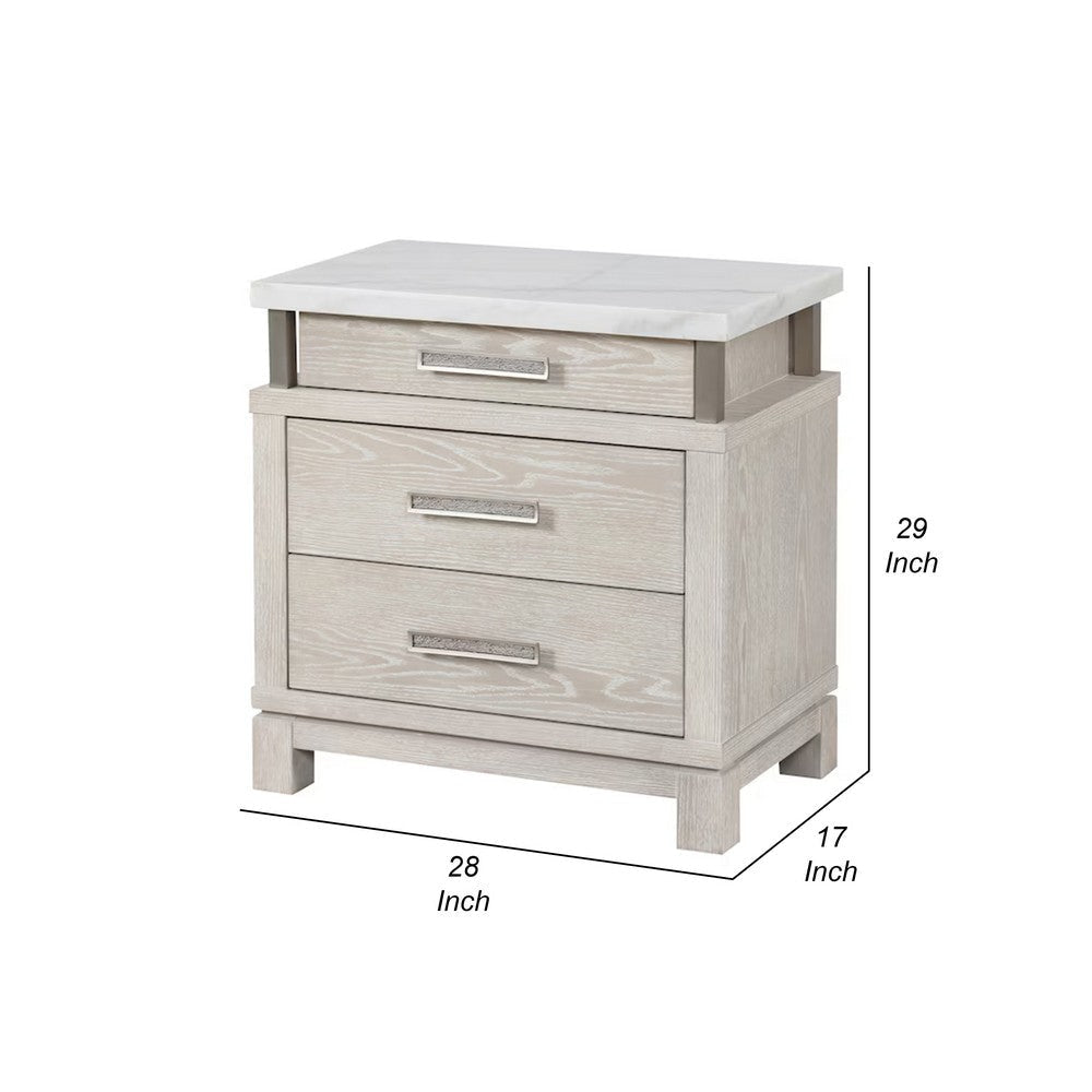 Loji Nightstand | 3 Drawers | White Marble Top | Weathered Gray | 29’’ BM339295