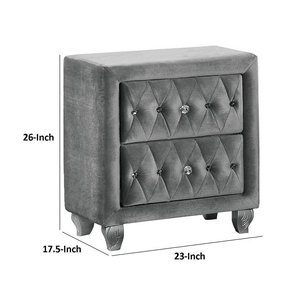 Rea Nightstand | 26’’ | 2 Drawers | Button Tufted Gray Fabric BM339296