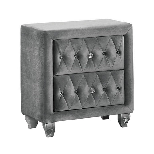Rea Nightstand | 26" | 2 Drawers | Button Tufted Gray Fabric